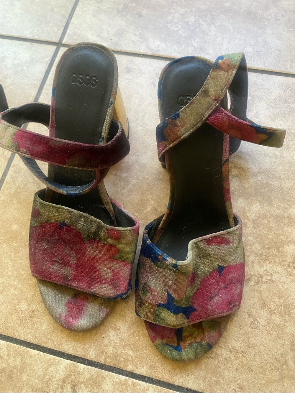 ASOS Multicolor Floral Velvet Block Heel Sandals